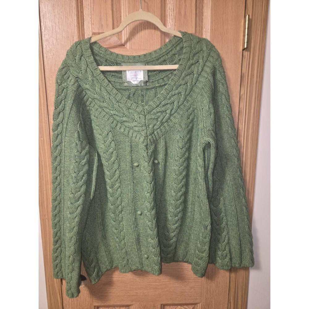 Vintage Y2K Old Navy VNeck Green Sweater 2XL Lambswool Long Sleeve Cable Knit